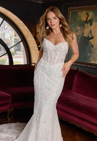 Strapless Embellished Lace Fit-And-Flare Wedding Dress With Buttons by Essense of Australia