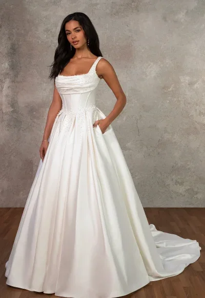 Chic And Modern Square-Neck Pearl-Adorned Ball Gown With Buttons by Essense of Australia