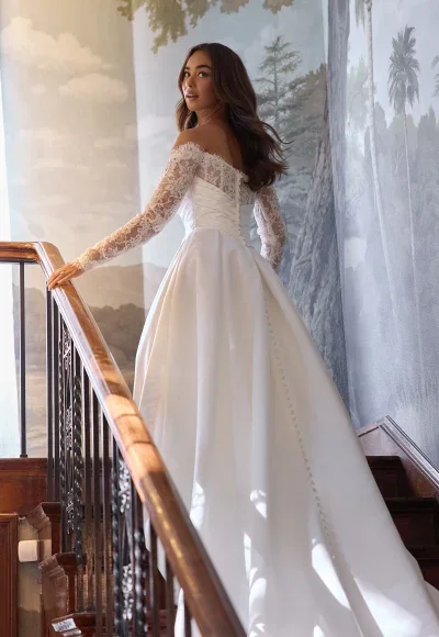 Romantic And Elegant Off-The-Shoulder Long Sleeve A-Line Wedding Dress With Buttons by Essense of Australia - Image 3