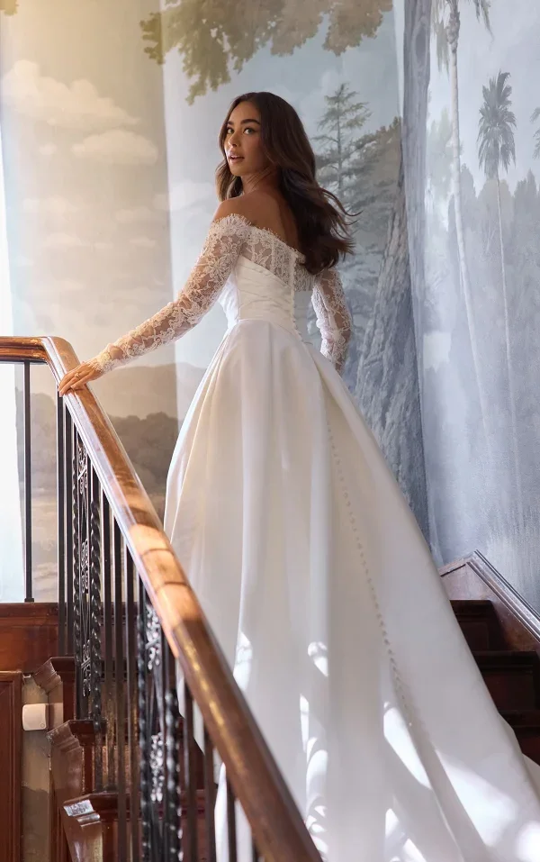 Romantic And Elegant Off-The-Shoulder Long Sleeve A-Line Wedding Dress With Buttons by Essense of Australia - Image 3