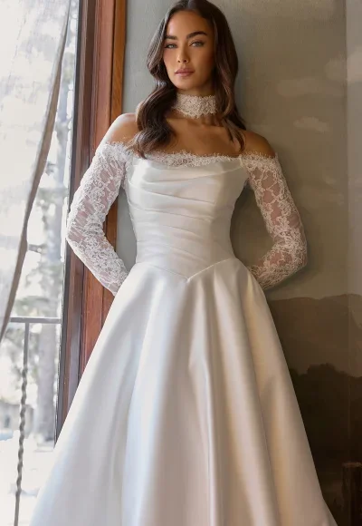 Romantic And Elegant Off-The-Shoulder Long Sleeve A-Line Wedding Dress With Buttons by Essense of Australia - Image 2
