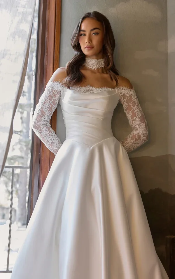 Romantic And Elegant Off-The-Shoulder Long Sleeve A-Line Wedding Dress With Buttons by Essense of Australia - Image 2