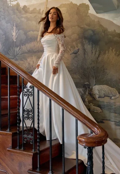 Plus-Size Romantic And Elegant Off-The-Shoulder Long Sleeve A-Line Wedding Dress With Buttons by Essense of Australia