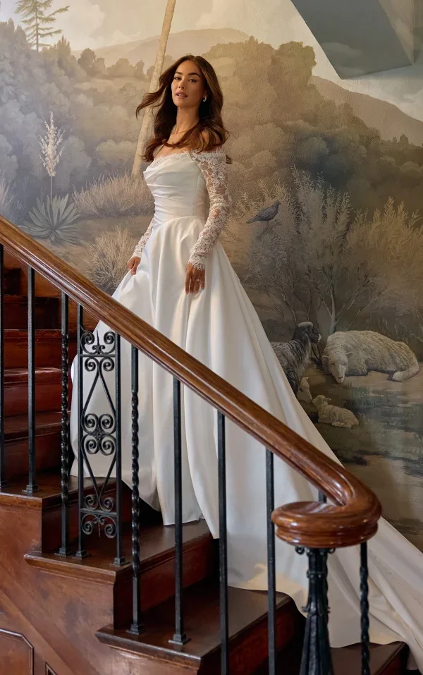 Romantic And Elegant Off-The-Shoulder Long Sleeve A-Line Wedding Dress With Buttons by Essense of Australia - Image 1