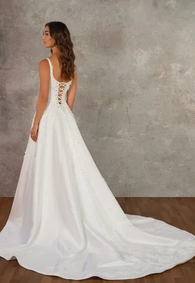 Scoop-Neck 3D Floral Satin A-Line Wedding Dress With Buttons by Essense of Australia - Image 2