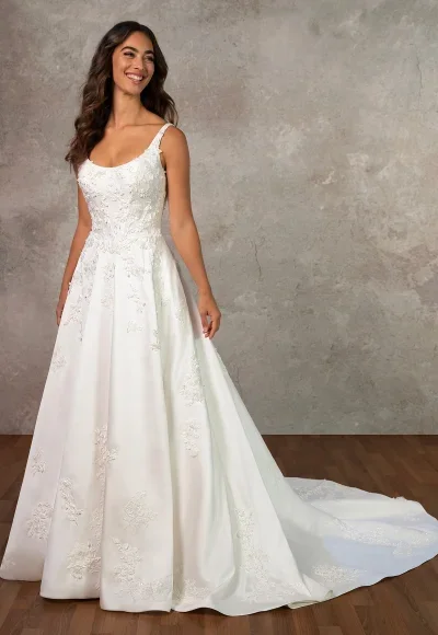 Scoop-Neck 3D Floral Satin A-Line Wedding Dress With Buttons by Essense of Australia