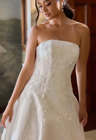 Strapless 3D Floral Silk A-Line Wedding Dress With Buttons by Essense of Australia - Image 2