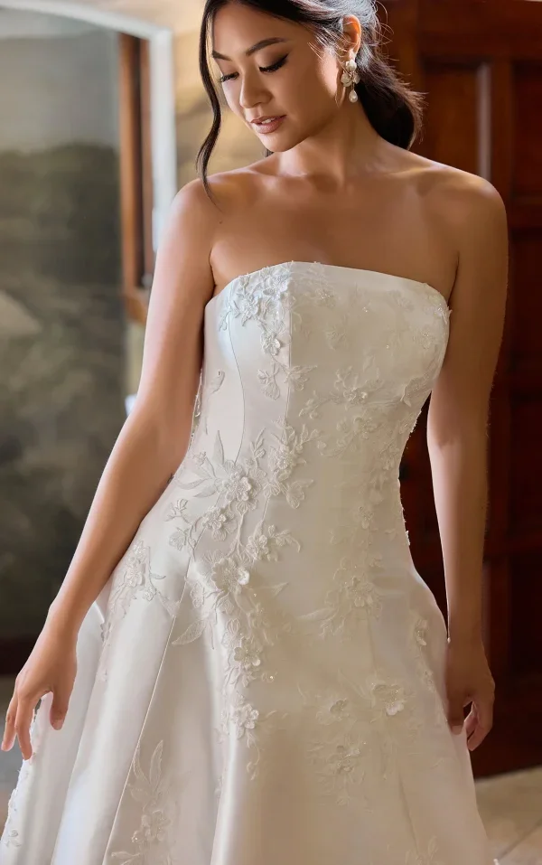Strapless 3D Floral Silk A-Line Wedding Dress With Buttons by Essense of Australia - Image 2