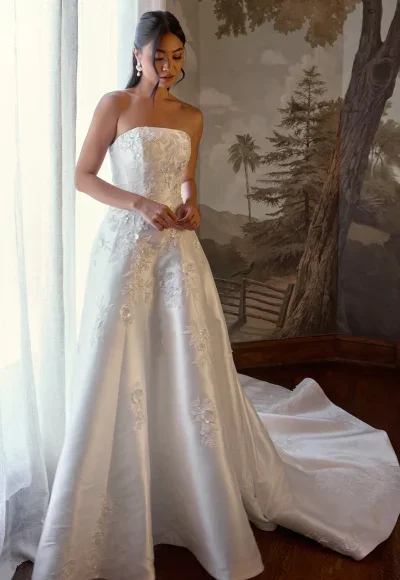 Strapless 3D Floral Silk A-Line Wedding Dress With Buttons by Essense of Australia