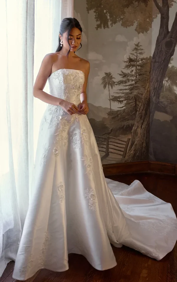 Strapless 3D Floral Silk A-Line Wedding Dress With Buttons by Essense of Australia - Image 1