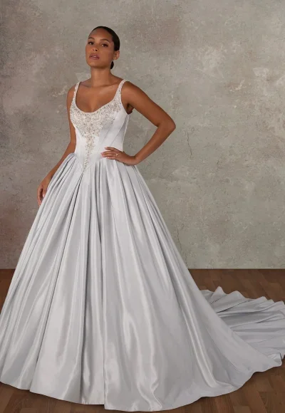 Dramatic And Regal Embellished Satin Ball Gown With Buttons by Essense of Australia