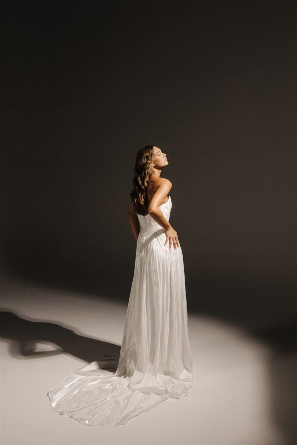 Plus-Size Chic And Modern Pleated Satin A-Line Wedding Dress With Detachable Topper by Hera Couture - Image 4