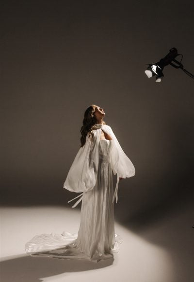 Plus-Size Chic And Modern Pleated Satin A-Line Wedding Dress With Detachable Topper by Hera Couture - Image 5