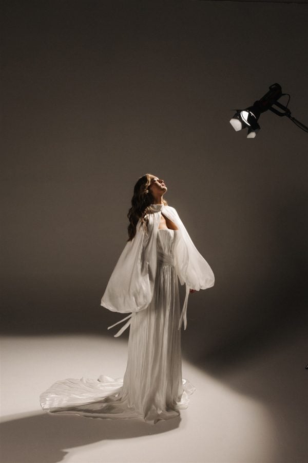 Plus-Size Chic And Modern Pleated Satin A-Line Wedding Dress With Detachable Topper by Hera Couture - Image 5