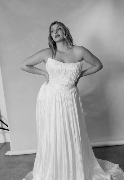Plus-Size Chic And Modern Pleated Satin A-Line Wedding Dress With Detachable Topper by Hera Couture