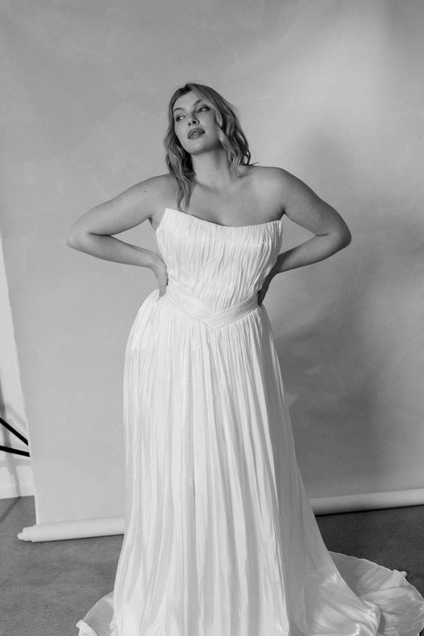 Plus-Size Chic And Modern Pleated Satin A-Line Wedding Dress With Detachable Topper by Hera Couture - Image 1