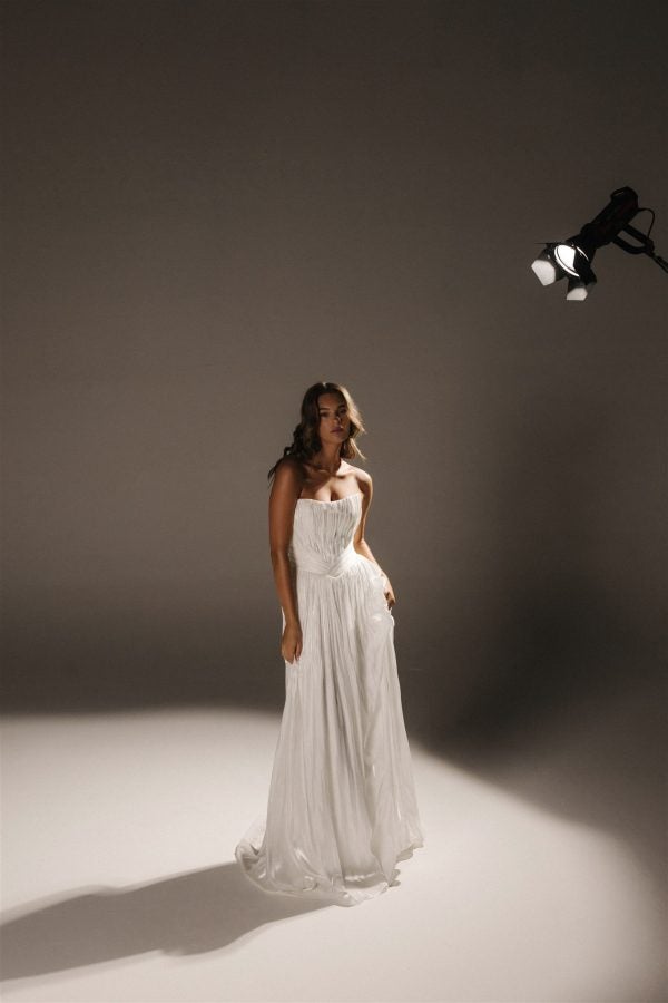 Plus-Size Chic And Modern Pleated Satin A-Line Wedding Dress With Detachable Topper by Hera Couture - Image 3