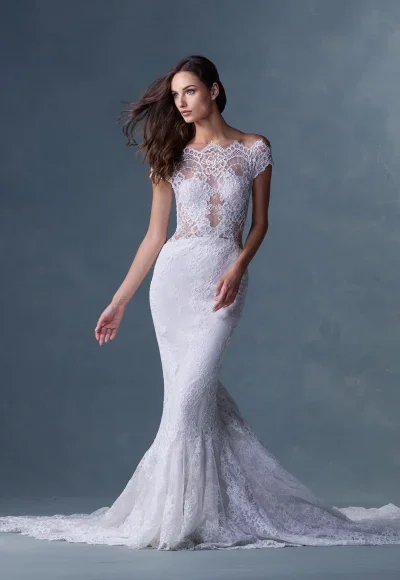 Modern And Unique Lace Fit-And-Flare Wedding Dress With Tulle Cape by Heritage by Ines Di Santo
