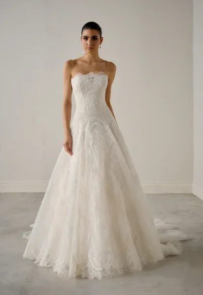 Chic And Romantic Strapless Lace Modified A-Line Wedding Dress by Justin Alexander