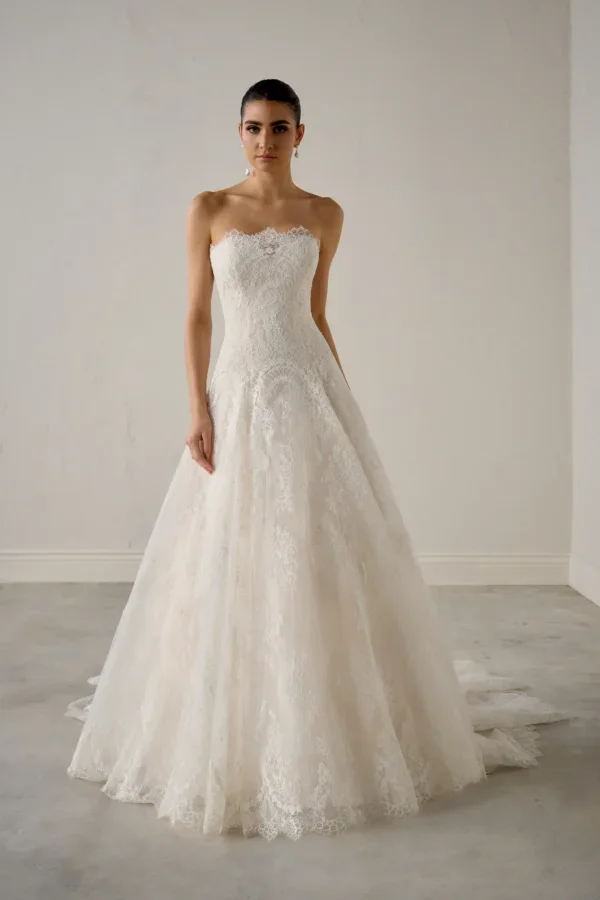 Chic And Romantic Strapless Lace Modified A-Line Wedding Dress by Justin Alexander - Image 1