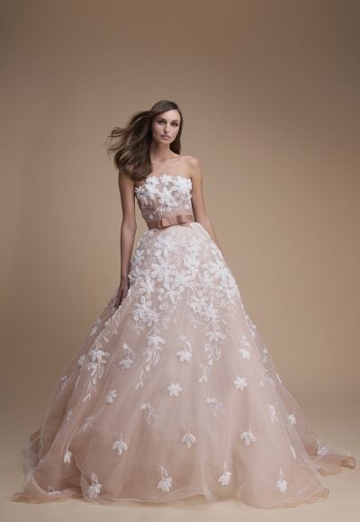 Modern And Romantic Strapless Floral Ball Gown With Bow by Jaclyn Whyte