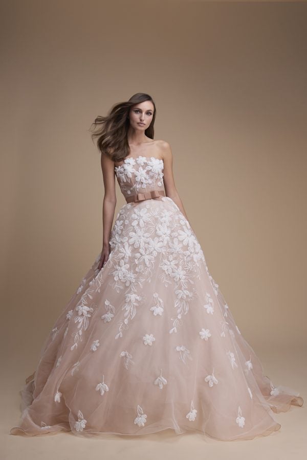 Modern And Romantic Strapless Floral Ball Gown With Bow by Jaclyn Whyte - Image 1