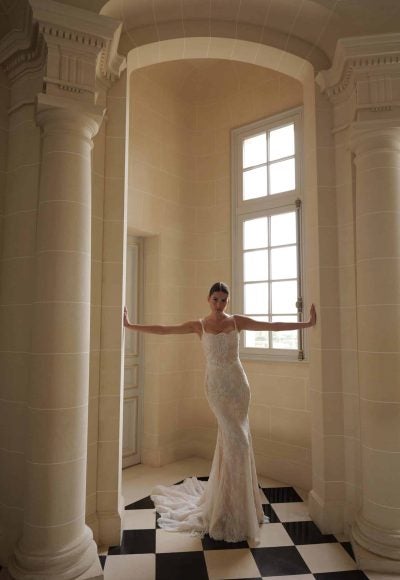 Sophisticated Square-Neck Embellished Lace Sheath Wedding Dress by Lee Petra Grebenau