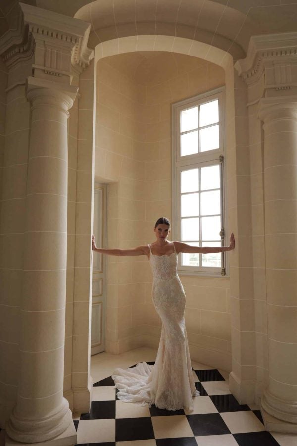 Sophisticated Square-Neck Embellished Lace Sheath Wedding Dress by Lee Petra Grebenau - Image 1