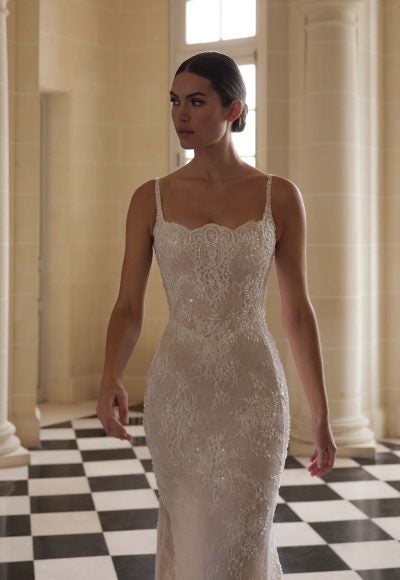 Sophisticated Square-Neck Embellished Lace Sheath Wedding Dress by Lee Petra Grebenau - Image 2
