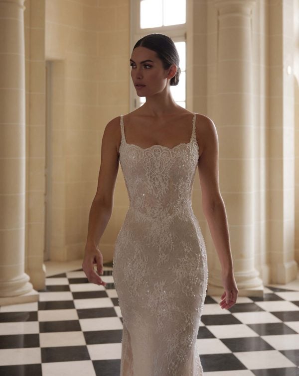 Sophisticated Square-Neck Embellished Lace Sheath Wedding Dress by Lee Petra Grebenau - Image 2