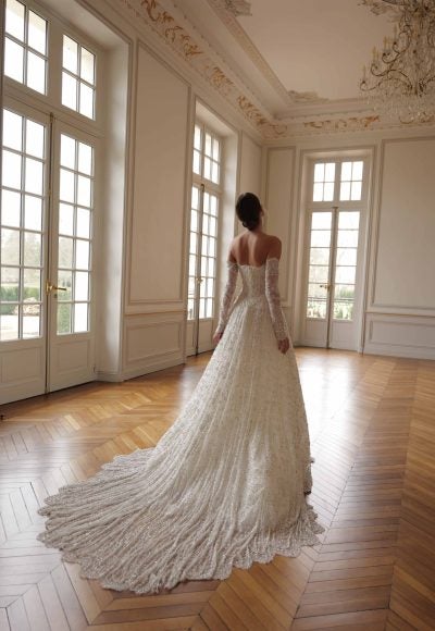 Regal Crystal-Embellished Lace Ball Gown With Off-The-Shoulder Long Sleeves by Lee Petra Grebenau - Image 3