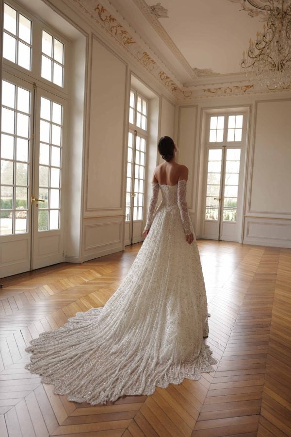 Regal Crystal-Embellished Lace Ball Gown With Off-The-Shoulder Long Sleeves by Lee Petra Grebenau - Image 3