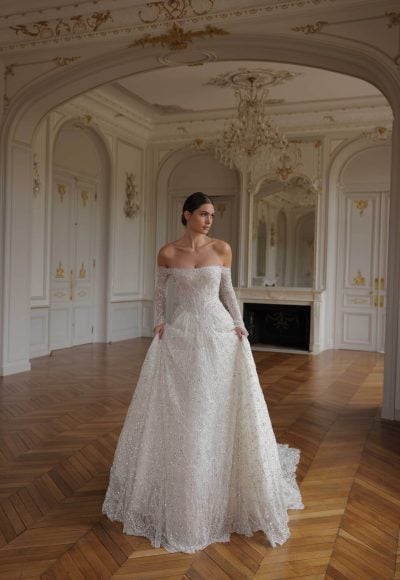 Regal Crystal-Embellished Lace Ball Gown With Off-The-Shoulder Long Sleeves by Lee Petra Grebenau