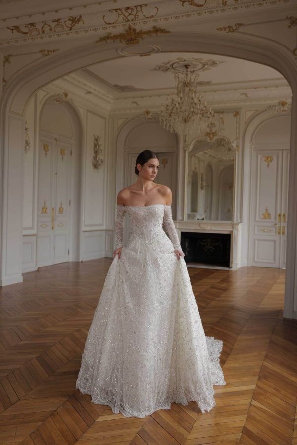 Regal Crystal-Embellished Lace Ball Gown With Off-The-Shoulder Long Sleeves by Lee Petra Grebenau - Image 1