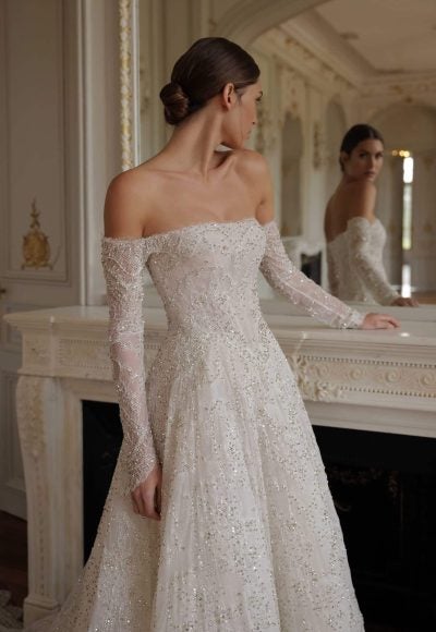Regal Crystal-Embellished Lace Ball Gown With Off-The-Shoulder Long Sleeves by Lee Petra Grebenau - Image 2