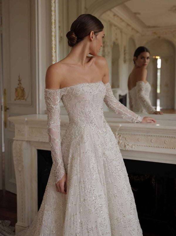 Regal Crystal-Embellished Lace Ball Gown With Off-The-Shoulder Long Sleeves by Lee Petra Grebenau - Image 2