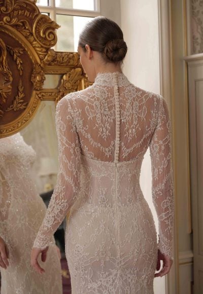 Embellished Lace Sheath Wedding Dress With Detachable Bolero by Lee Petra Grebenau - Image 3