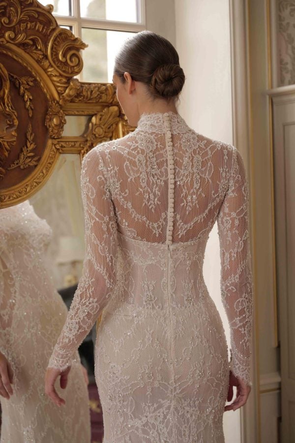 Embellished Lace Sheath Wedding Dress With Detachable Bolero by Lee Petra Grebenau - Image 3