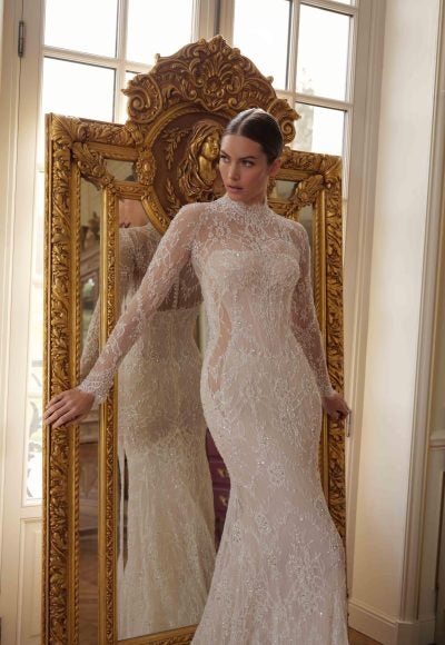Embellished Lace Sheath Wedding Dress With Detachable Bolero by Lee Petra Grebenau