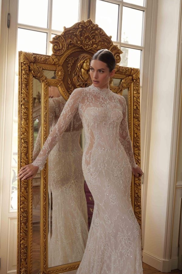 Embellished Lace Sheath Wedding Dress With Detachable Bolero by Lee Petra Grebenau - Image 1