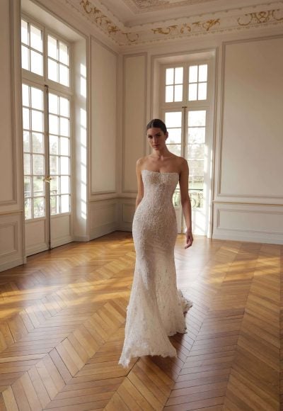 Embellished Lace Sheath Wedding Dress With Detachable Bolero by Lee Petra Grebenau - Image 2