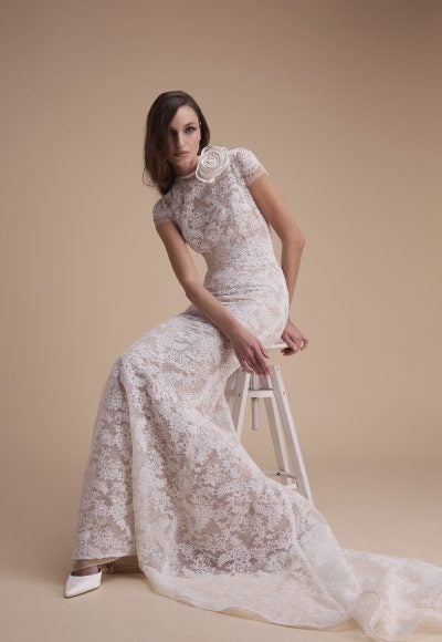High-Neck Cap Sleeve Lace Sheath Wedding Dress With 3D Rosette by Jaclyn Whyte - Image 2