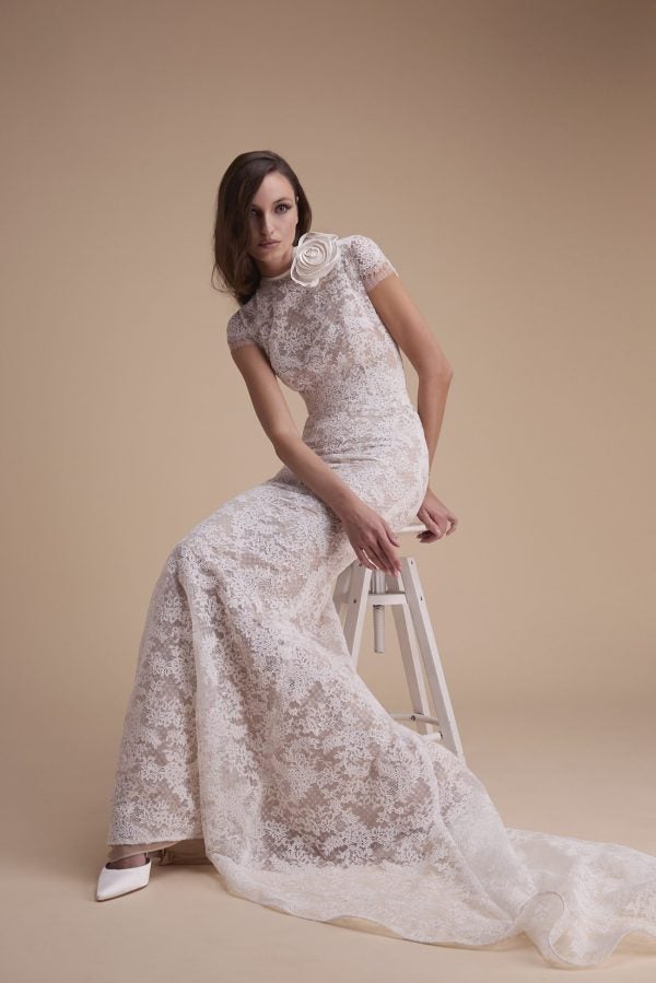 High-Neck Cap Sleeve Lace Sheath Wedding Dress With 3D Rosette by Jaclyn Whyte - Image 2