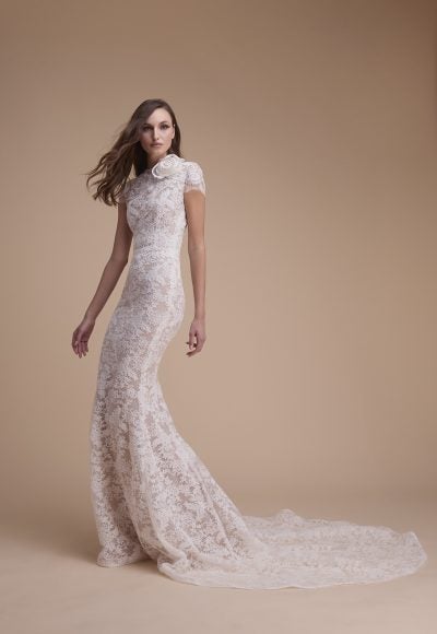 High-Neck Cap Sleeve Lace Sheath Wedding Dress With 3D Rosette by Jaclyn Whyte