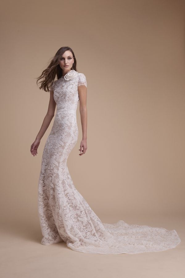 High-Neck Cap Sleeve Lace Sheath Wedding Dress With 3D Rosette by Jaclyn Whyte - Image 1