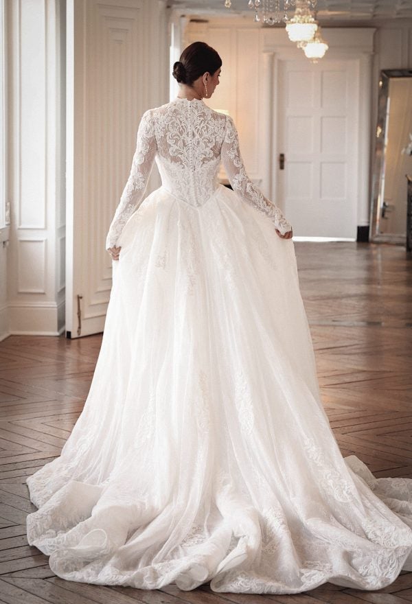 High-Neck Long Sleeve Lace Fit-And-Flare Wedding Dress With Detachable Overskirt by Martina Liana - Image 5