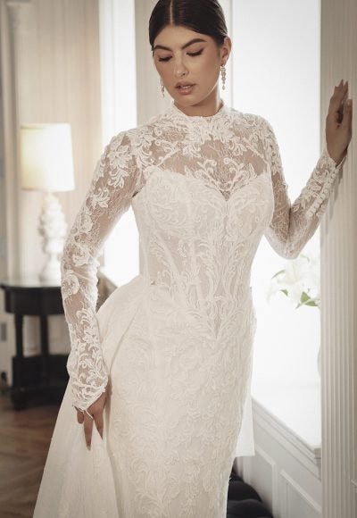 High-Neck Long Sleeve Lace Fit-And-Flare Wedding Dress With Detachable Overskirt by Martina Liana - Image 4