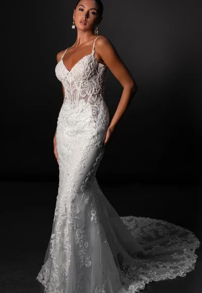 Romantic Embellished Lace Fit-And-Flare Wedding Dress With Open Back by Martina Liana