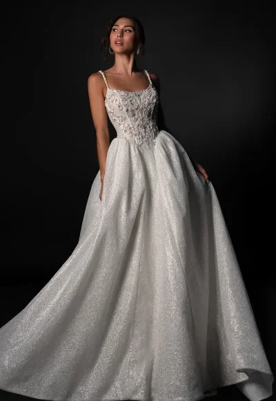 Dramatic And Sparkly Scoop-Neck Basque-Waist Ball Gown by Martina Liana