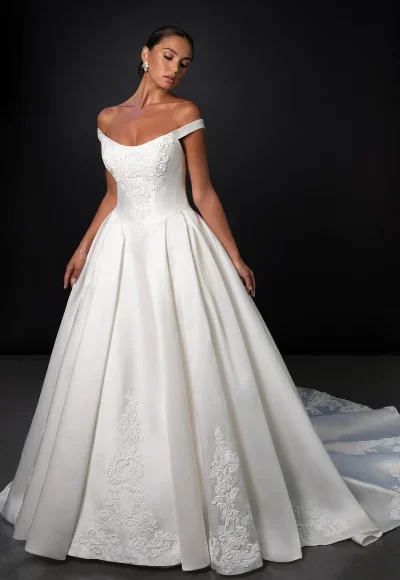Classic And Regal Off-The-Shoulder Silk Ball Gown With Buttons by Martina Liana
